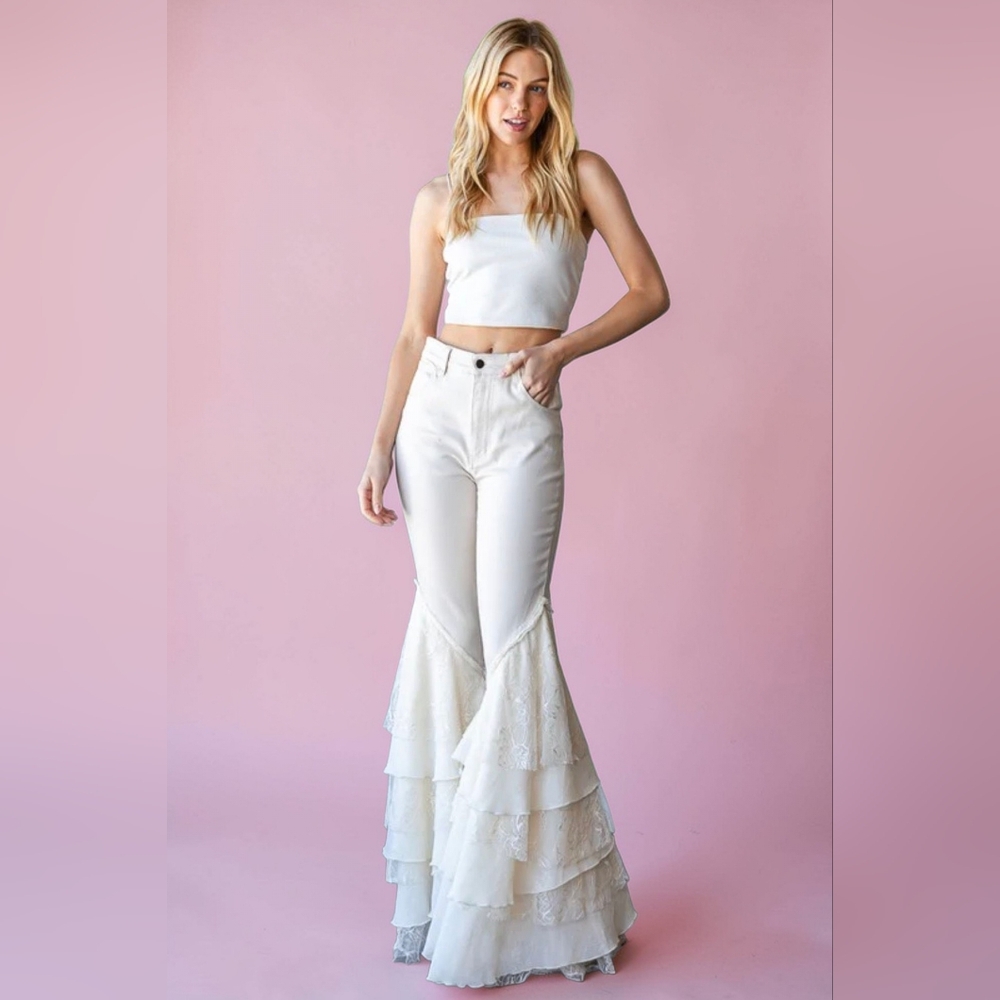 NWT Oli & Hali Lace Tiered Flare Jeans Off White High Rise Bell Bottom